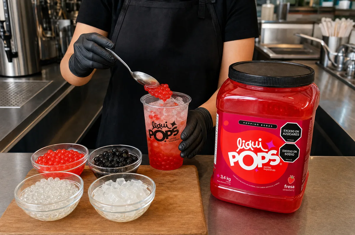Barista sirviendo perlas explosivas de fresa con perlas explosivas LiquiPops sobre un vaso con hielo, junto a la tina roja de 3,4 kg y bowls de toppings