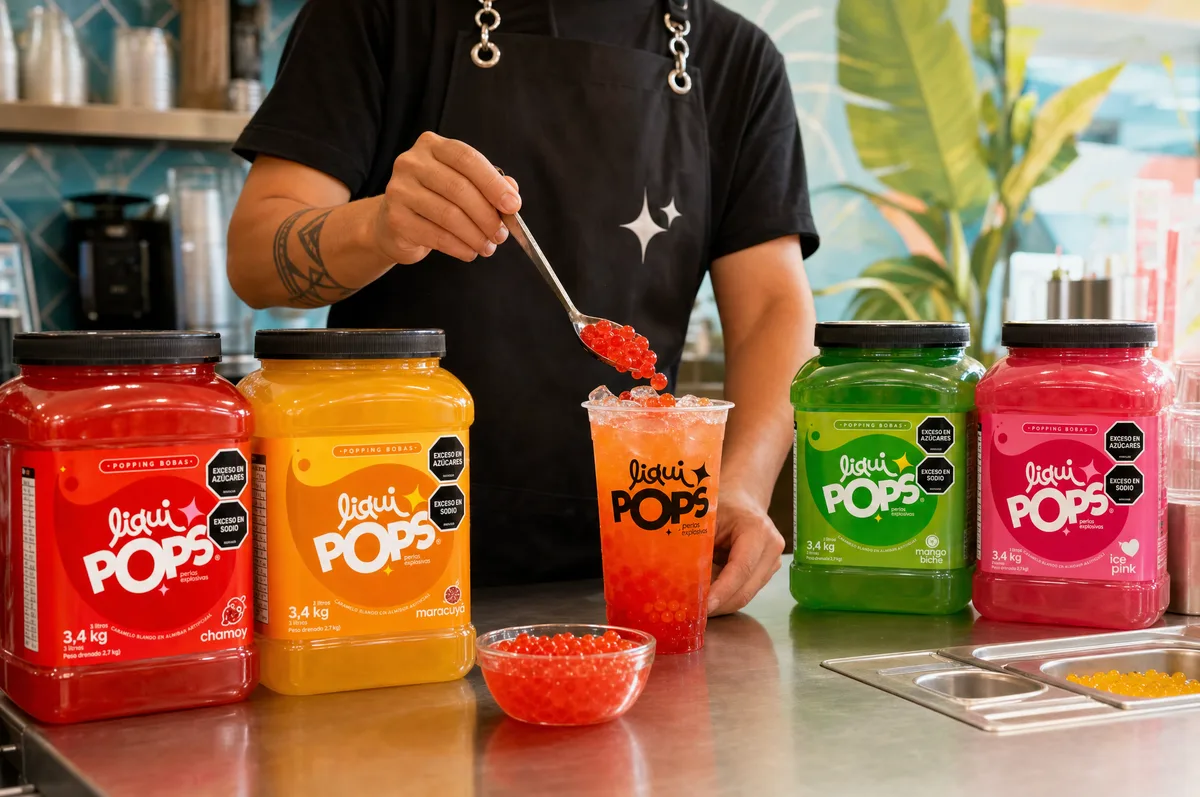 Barista emplatando perlas explosivas LiquiPops sobre soda junto a bidones de chamoy, maracuyá, mango biche e ice pink