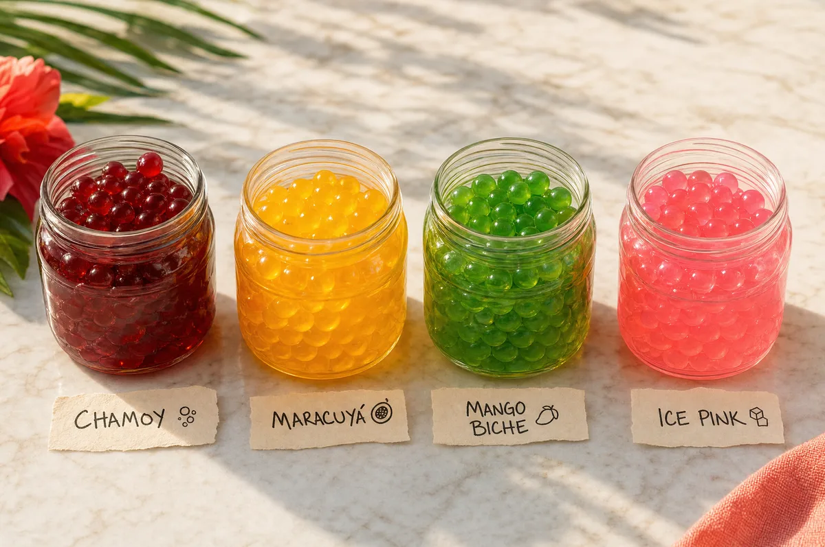 Frascos de perlas explosivas LiquiPops en sabores chamoy, maracuyá, mango biche e ice pink bajo luz natural