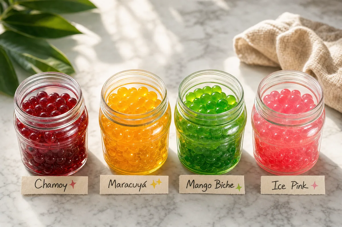 Tarros de vidrio con perlas explosivas LiquiPops en sabores chamoy, maracuyá, mango biche e ice pink sobre mármol
