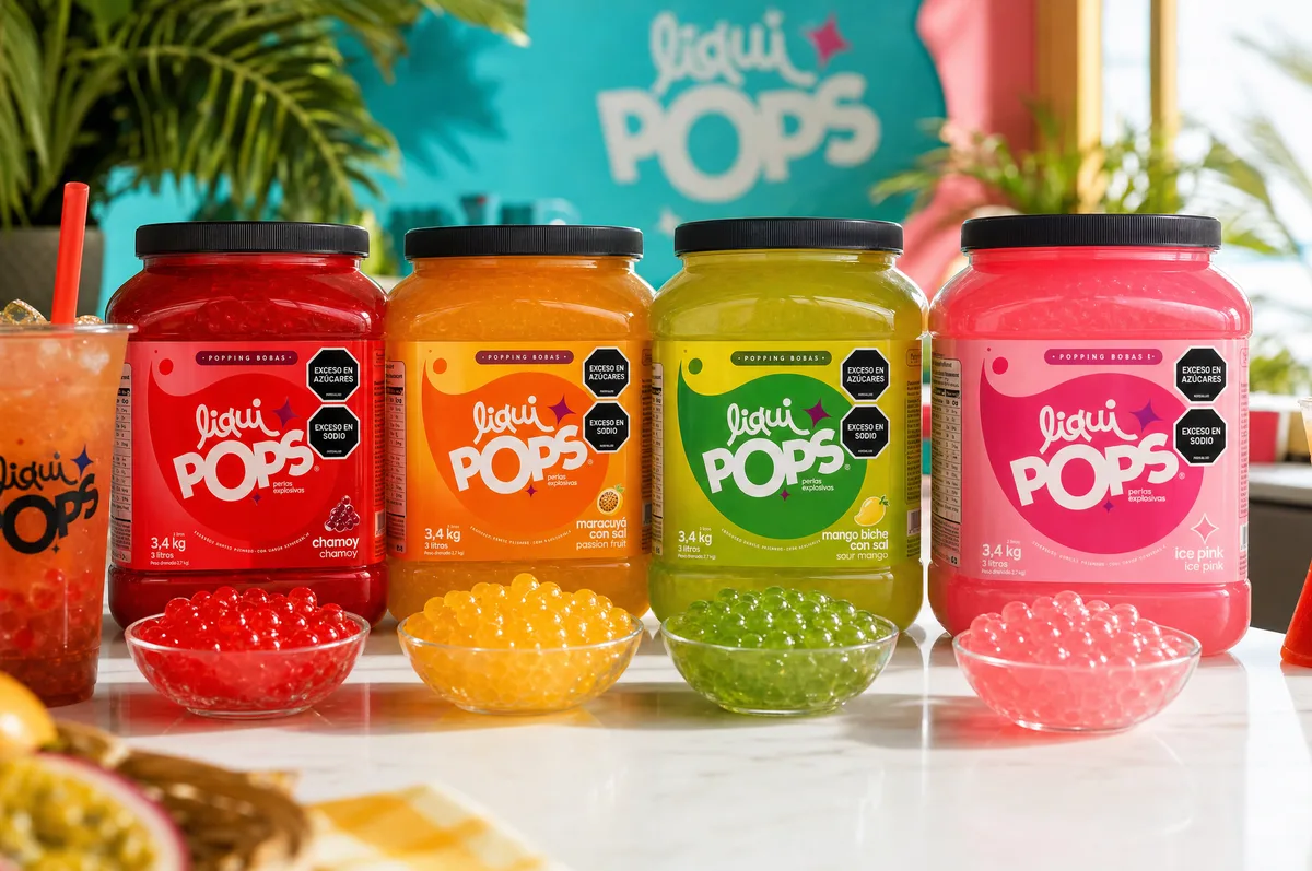 Bidones de perlas explosivas LiquiPops en cuatro sabores con boles de perlas rojas, naranjas, verdes y rosadas