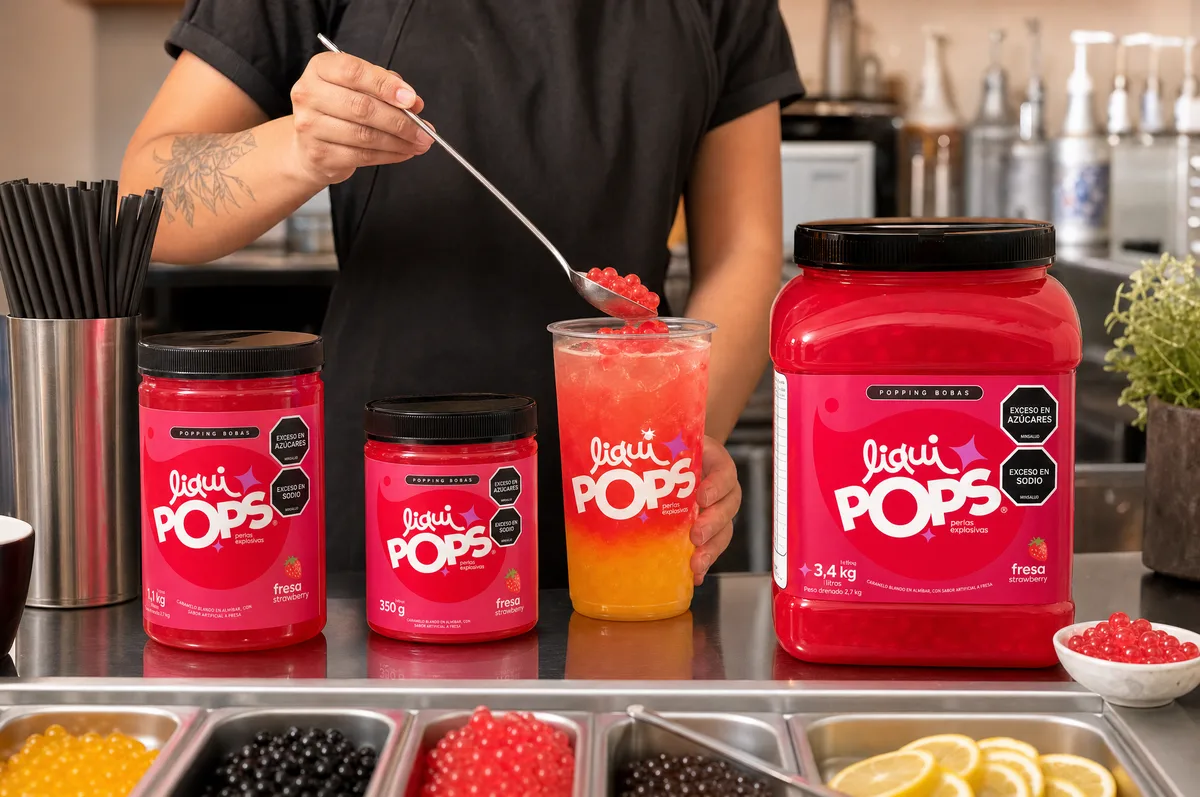 Presentaciones de perlas explosivas LiquiPops sabor fresa con una persona sirviendo perlas rojas en una soda sobre una barra con varios toppings de colores — surtido para tu barra de bebidas
