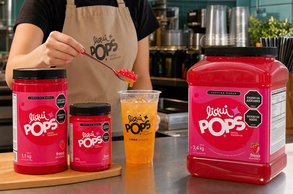 Presentaciones de perlas explosivas LiquiPops sabor fresa (350 g, 1,1 kg y 3,4 kg) con una persona sirviendo perlas en una soda — formatos para tu negocio