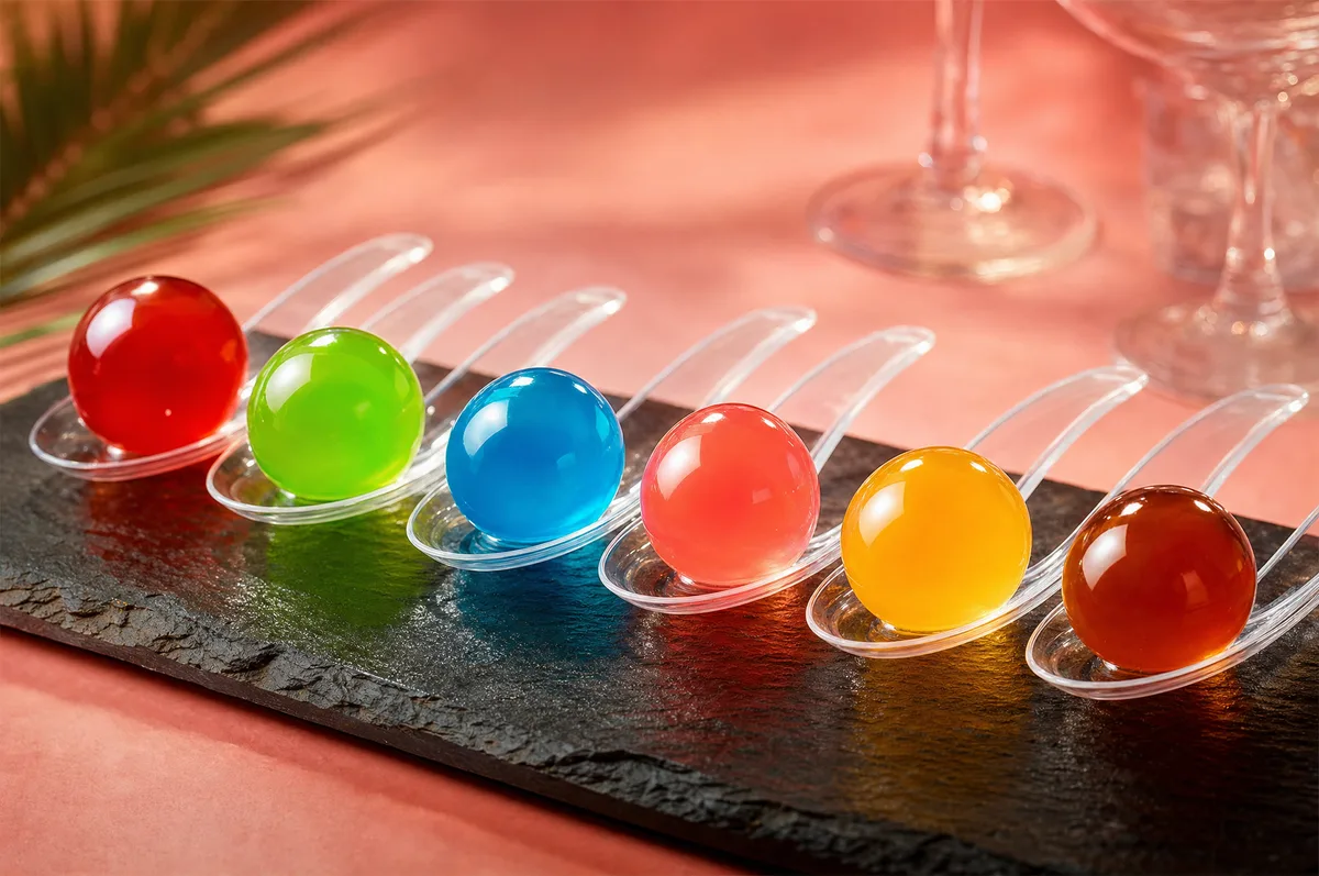 Perlas explosivas LiquiPops de colores rojo, verde, azul, rosa, amarillo y ámbar servidas en cucharas de degustación