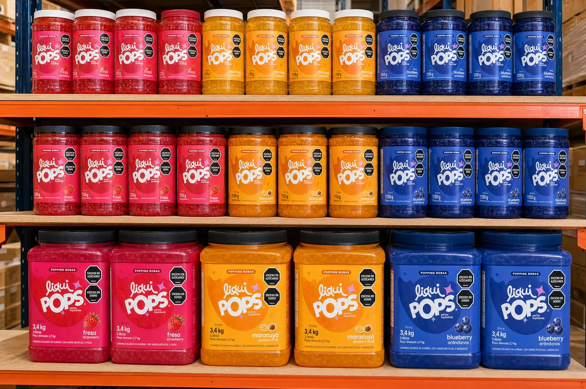 Tarros de perlas explosivas LiquiPops de varios sabores ordenados en el estante de una tienda