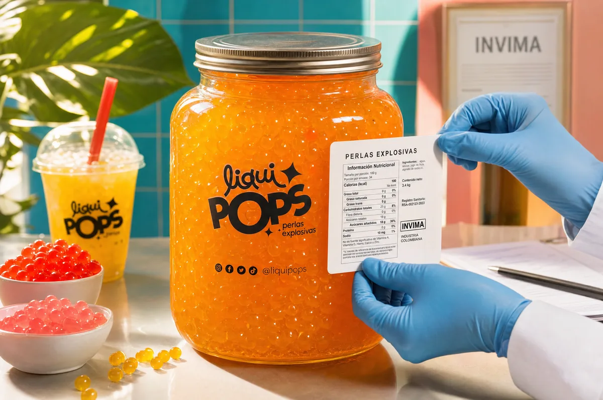 Frasco grande de perlas explosivas LiquiPops sabor mango con etiqueta de informacion nutricional y registro Invima