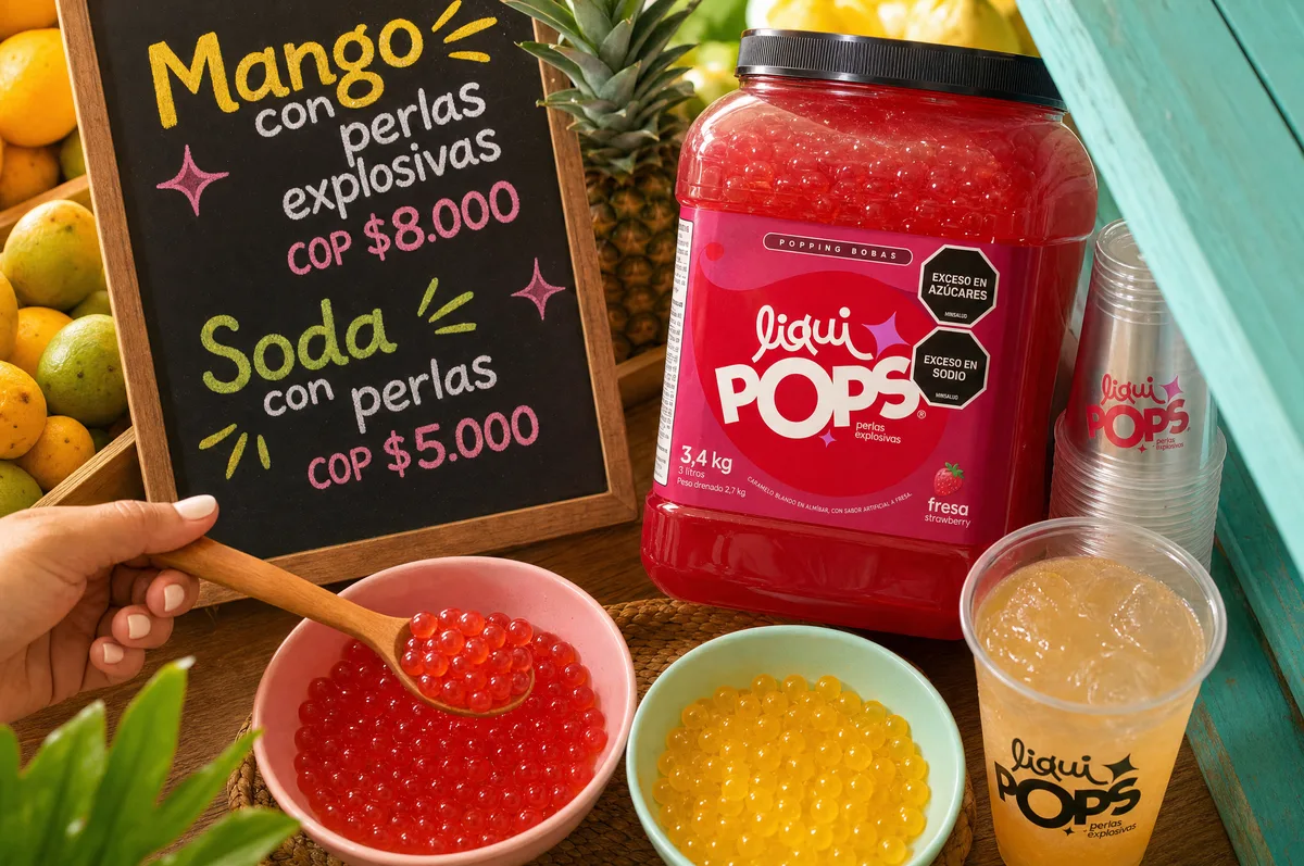Tarro de perlas explosivas LiquiPops con cuencos de perlas y tablero de precios de mango y soda con perlas en una frutería