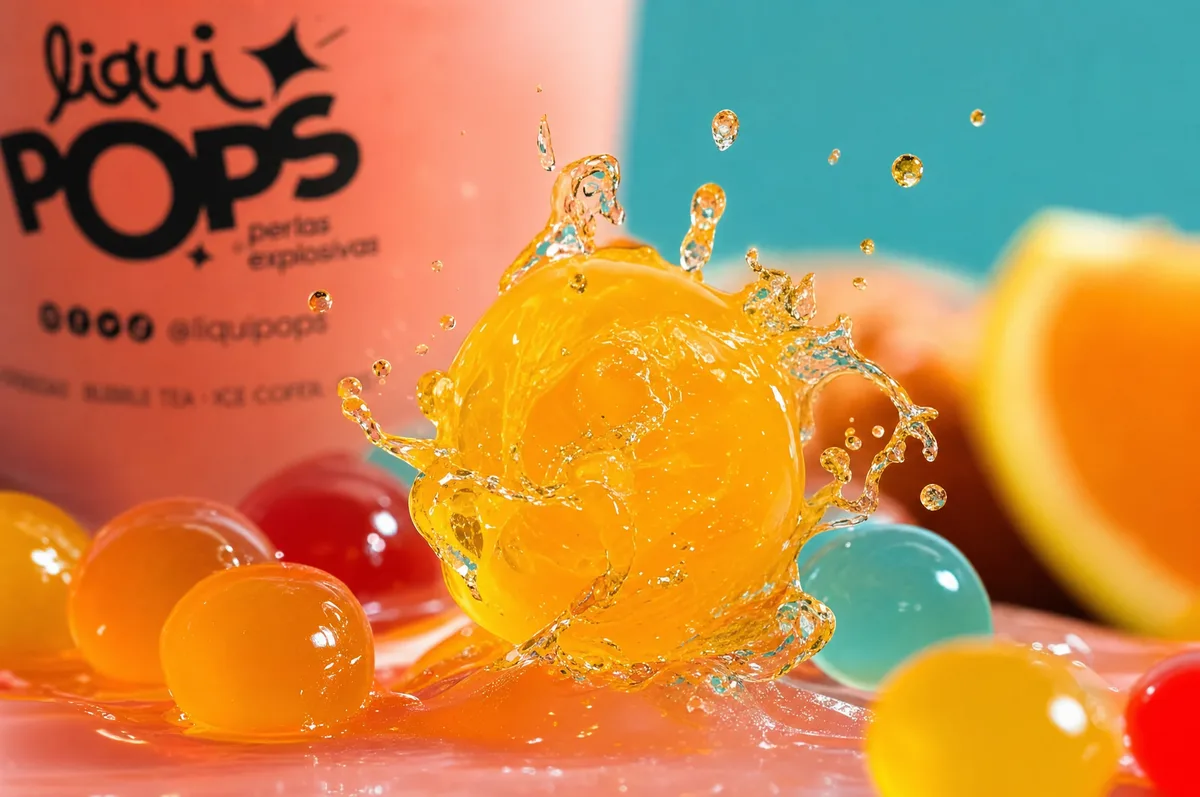 Perla explosiva LiquiPops sabor mango estallando en un splash de jugo junto a vaso de marca y naranja — topping para bebidas