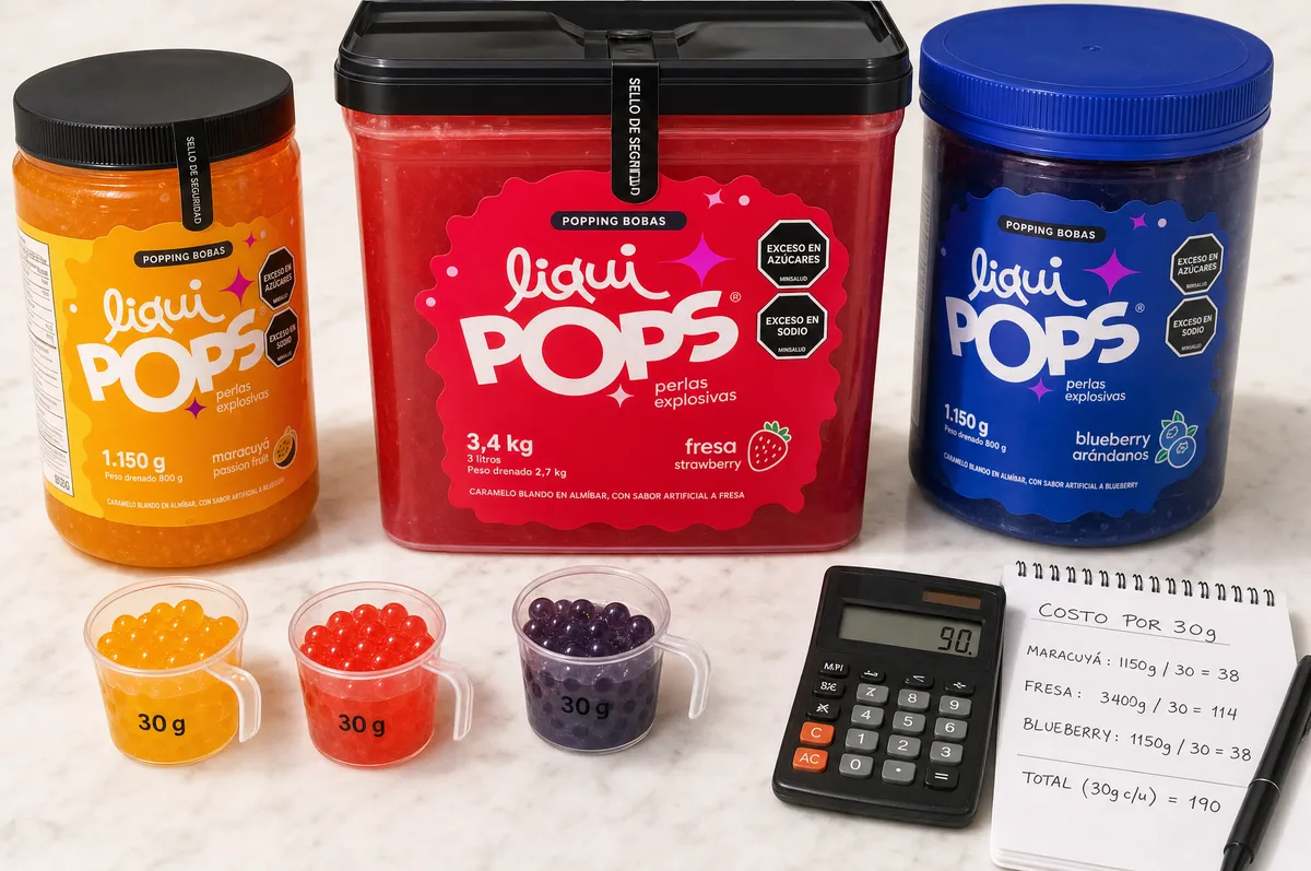 Tarros de perlas explosivas LiquiPops maracuyá, fresa y blueberry con vasitos de 30 gramos y cálculo de costo por porción