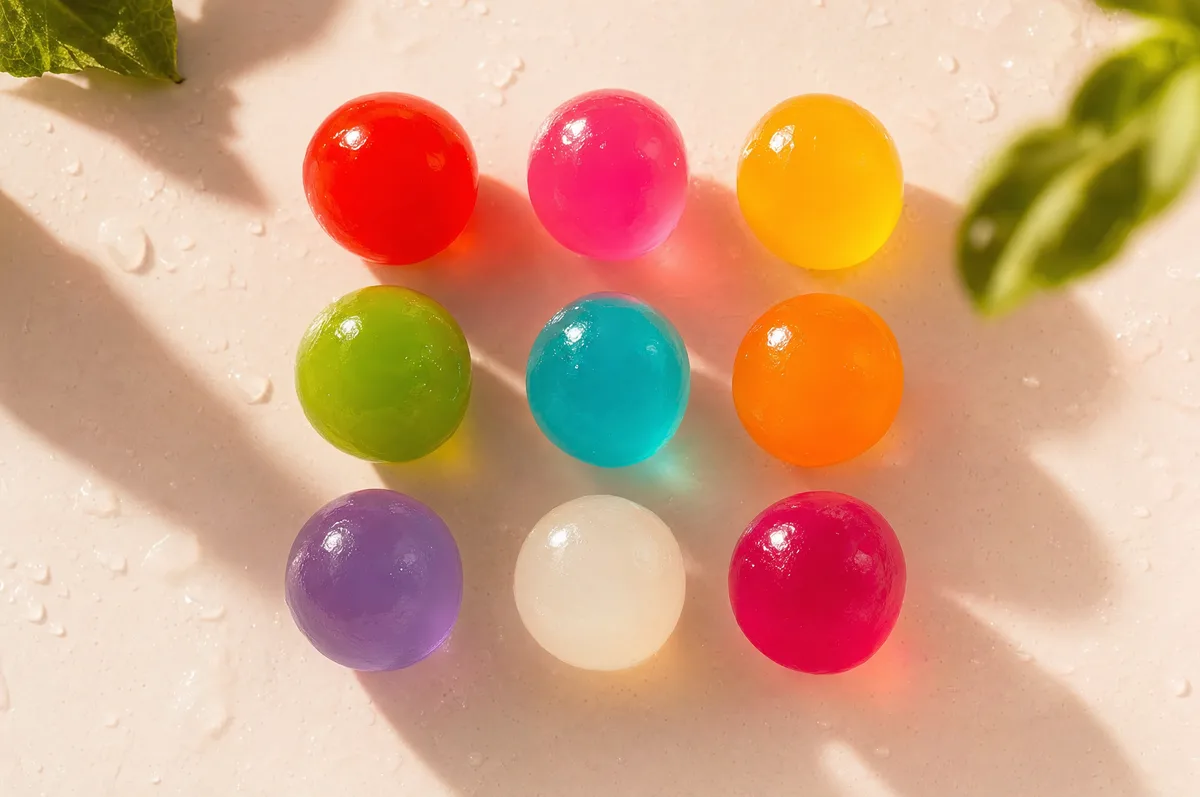 Nueve perlas explosivas LiquiPops de distintos colores en cuadrícula sobre fondo rosado — rojo, fucsia, amarillo, verde, azul, naranja, morado, blanco y cereza