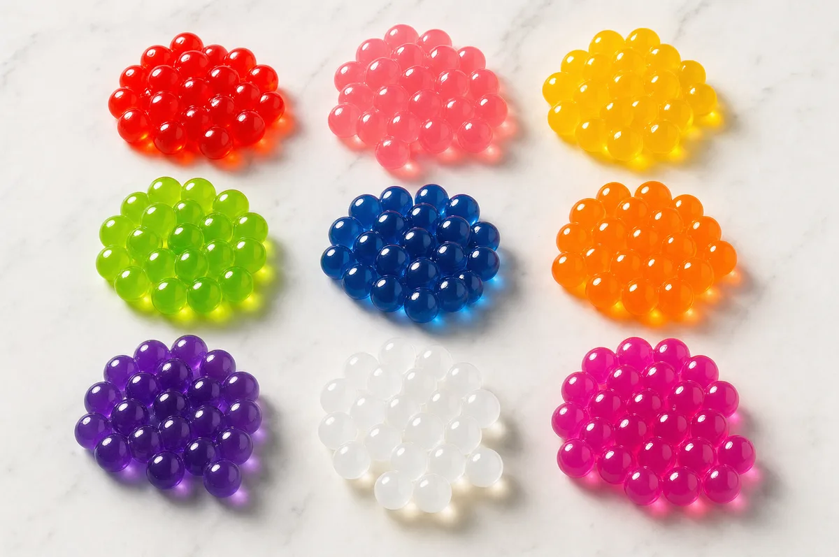 Nueve montones de perlas explosivas LiquiPops en colores rojo, rosa, amarillo, verde, azul, naranja, morado, transparente y fucsia sobre mármol blanco — surtido de popping boba por sabor