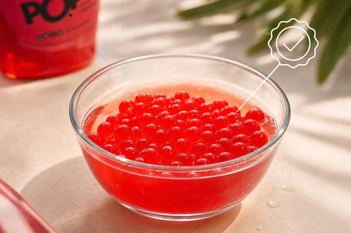 Bowl de vidrio con perlas explosivas rojas de fresa LiquiPops en almíbar bajo luz natural, con sello de verificación, junto al tarro del producto