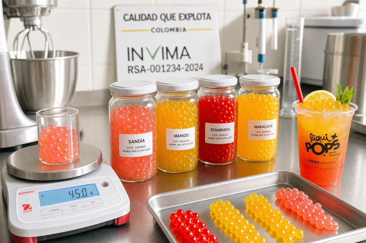Frascos de perlas explosivas LiquiPops en sandía, mango, frambuesa y maracuyá con registro INVIMA y soda de mango — control de calidad en Colombia