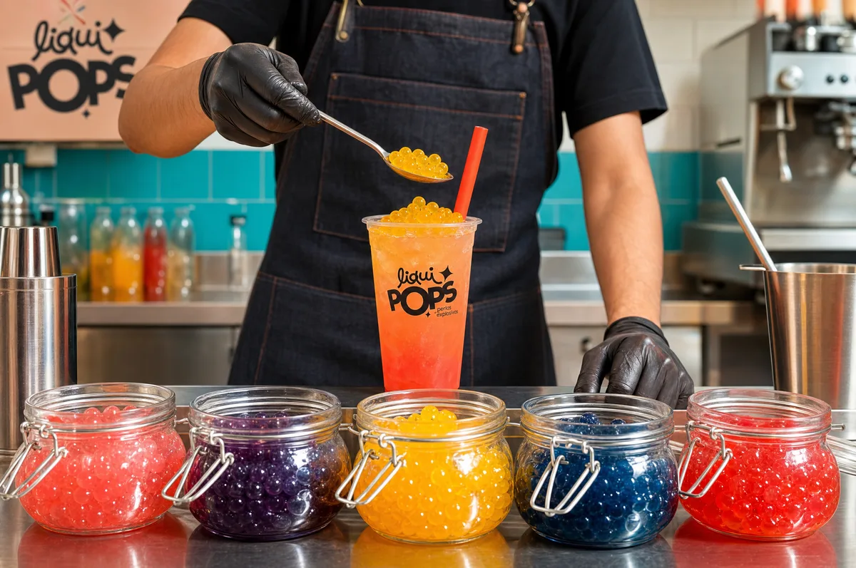 Barista LiquiPops sirviendo perlas explosivas de mango sobre soda mientras muestra cinco frascos de perlas de colores — preparación en barra