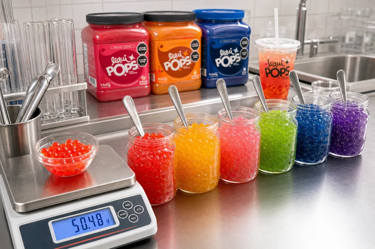 Frascos de perlas explosivas LiquiPops en seis colores junto a botes de la marca y báscula — montaje de barra de toppings