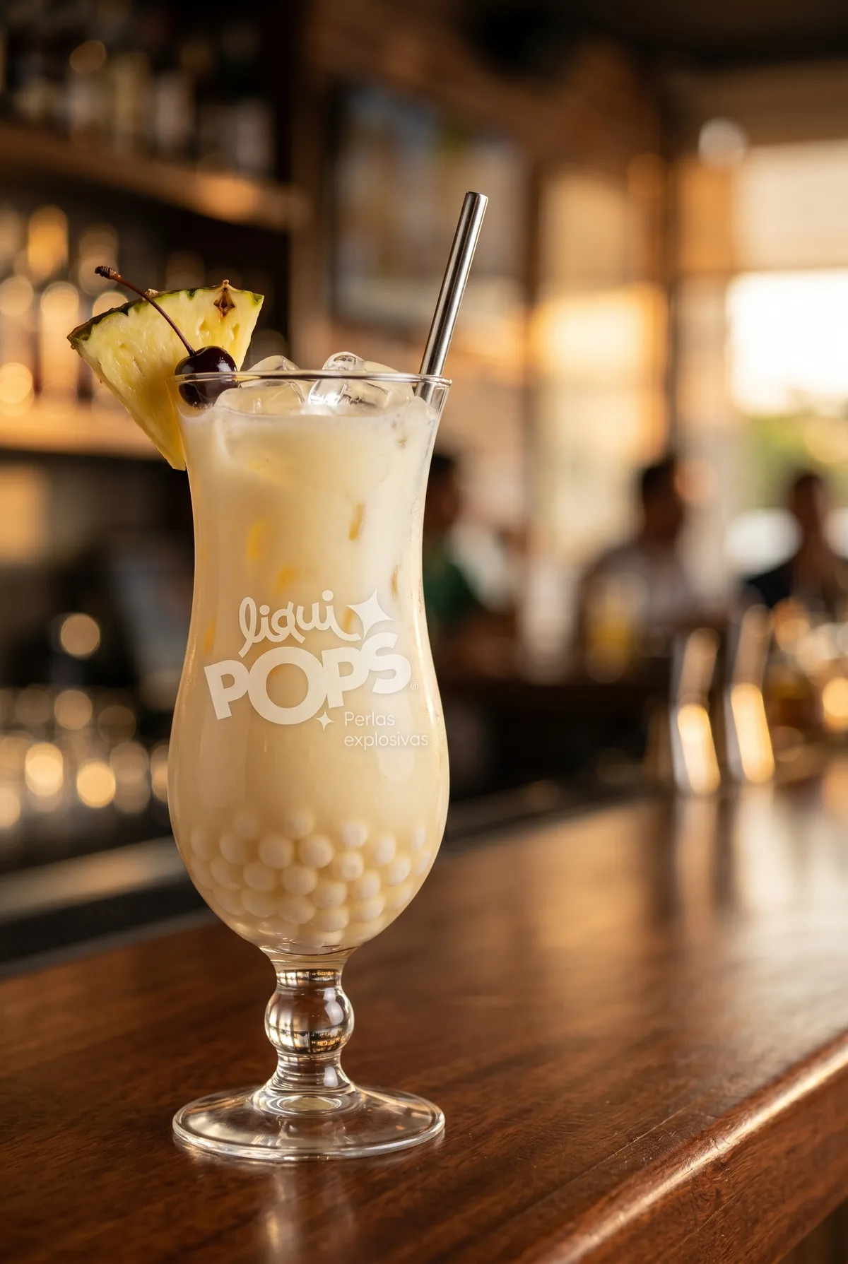 Piña colada cremosa de coco con perlas explosivas blancas LiquiPops, piña y cereza — vaso huracán en bar al atardecer
