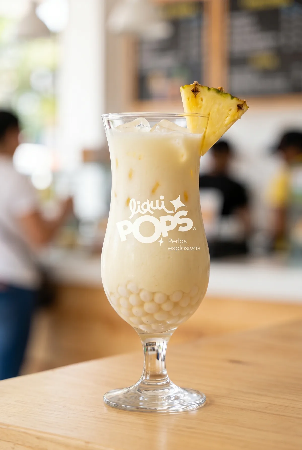 Piña colada cremosa de coco con perlas explosivas blancas LiquiPops y rodaja de piña — servida en cafetería luminosa