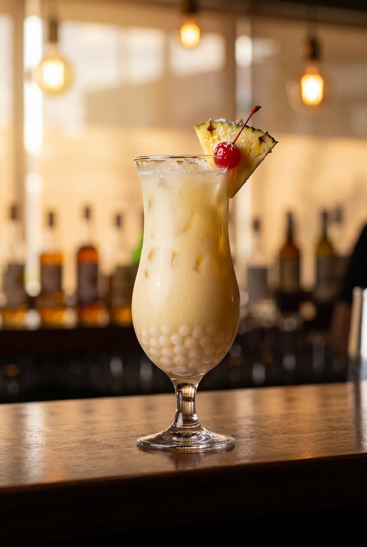 Piña colada cremosa con piña, cereza y perlas explosivas blancas LiquiPops en copa huracán sobre la barra
