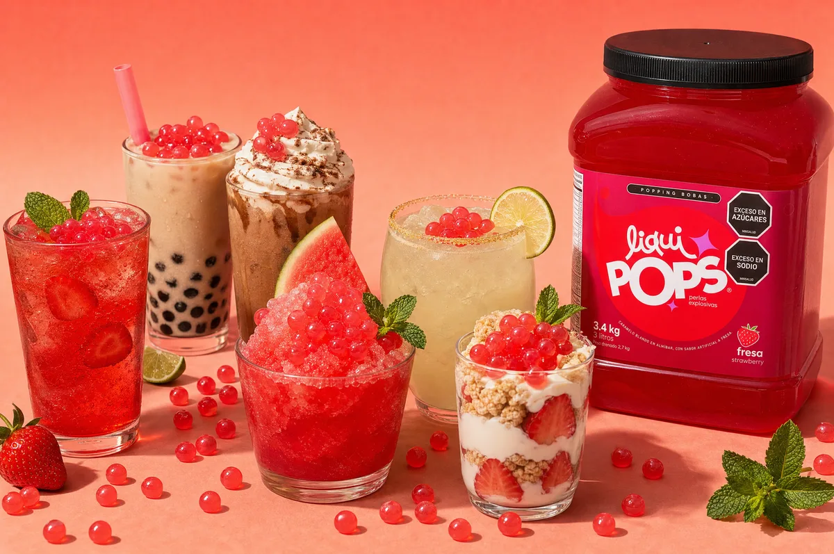 Surtido de bebidas y postres con perlas explosivas rojas de fresa LiquiPops — soda roja, bubble tea, frappé, granizado de sandía, limonada y parfait con fresas, junto al tarro sabor fresa