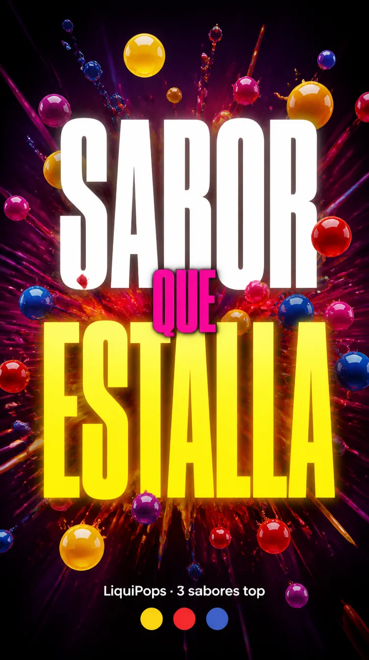Pieza de fondo oscuro con perlas explosivas LiquiPops de colores estallando y el mensaje sabor que estalla
