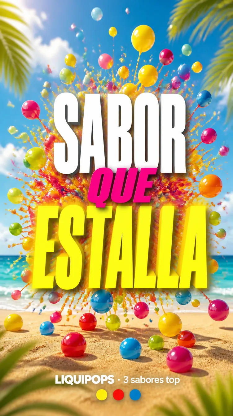 Pieza tropical de playa con perlas explosivas LiquiPops de colores y el mensaje sabor que estalla