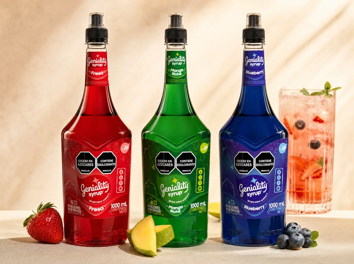 Tres siropes Geniality by LiquiPops en fresa, mango biche y blueberry junto a una bebida con perlas explosivas
