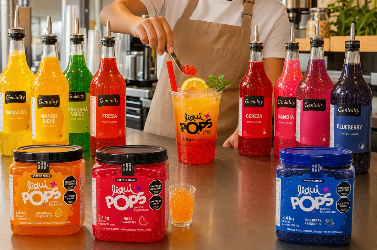 Línea de siropes Geniality y tarros de perlas explosivas LiquiPops junto a una soda roja preparada por un barista