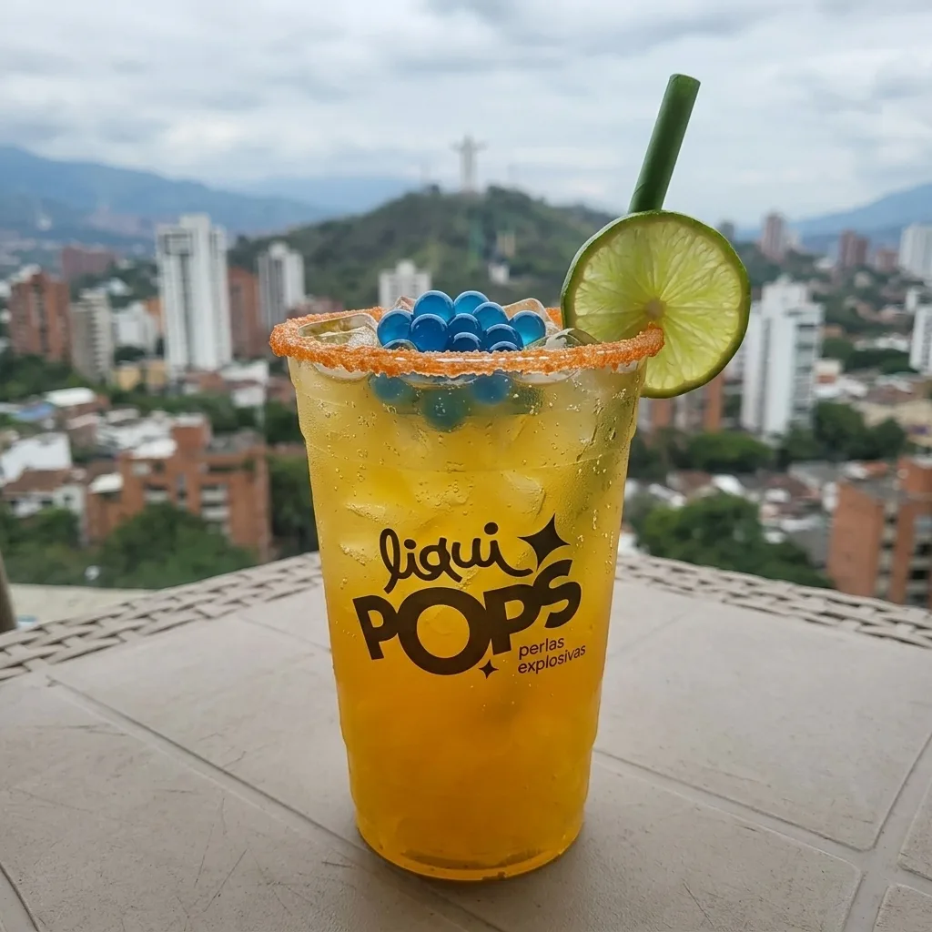 Soda amarilla con perlas explosivas azules LiquiPops, borde escarchado y limon, con vista panoramica a la ciudad y la montana