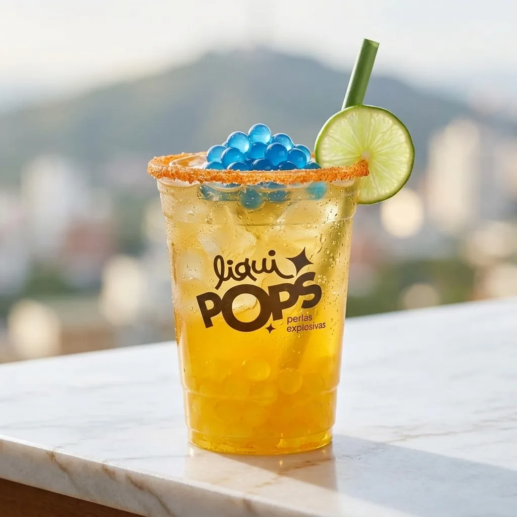 Soda amarilla con perlas explosivas azules LiquiPops, borde escarchado y limon, sobre mesa de marmol con la ciudad de fondo