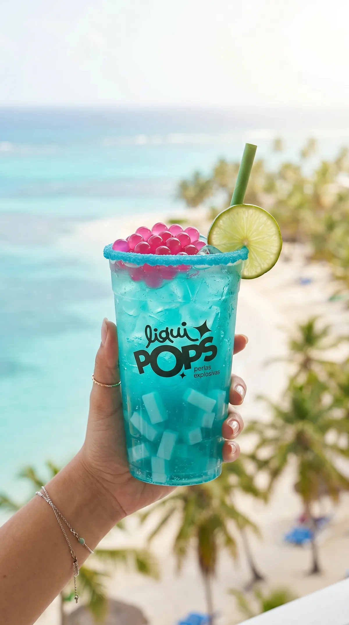 Soda azul curazao con perlas explosivas de fresa LiquiPops — vaso en mano frente a una playa con palmeras