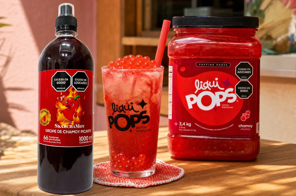 Soda roja de chamoy con perlas explosivas LiquiPops, botella de sirope Skarchamoy picante y tina de chamoy de 3,4 kg sobre mesa de madera al aire libre