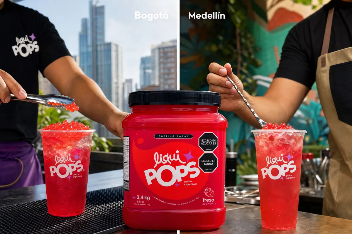 Dos vasos de soda roja con perlas explosivas LiquiPops sabor fresa servidos en Bogota y Medellin junto al tarro