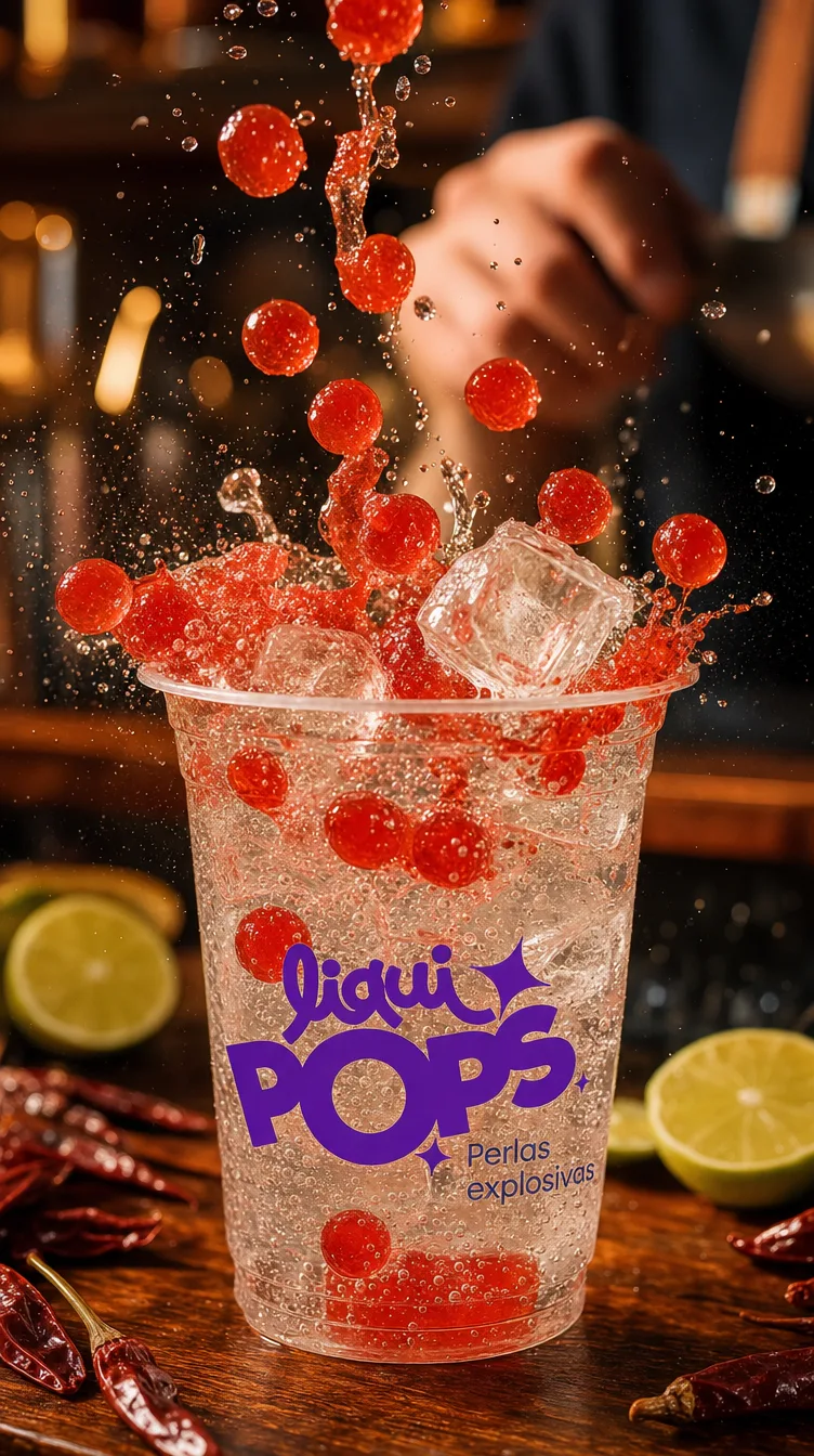 Vaso de soda con hielo donde caen perlas explosivas LiquiPops rojas sabor fresa entre limones