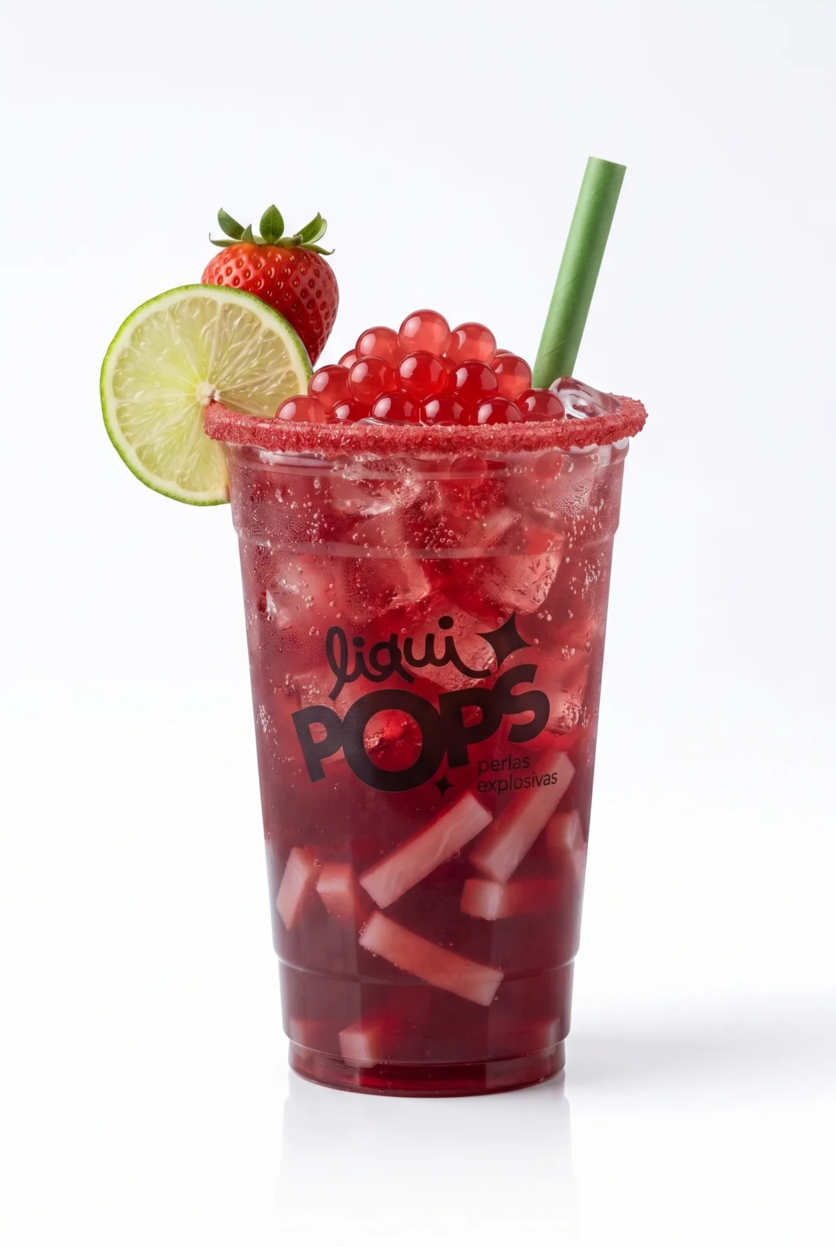 Soda de fresa cereza con perlas explosivas rojas LiquiPops, jelly y escarchado rojo — vaso decorado con fresa y limon
