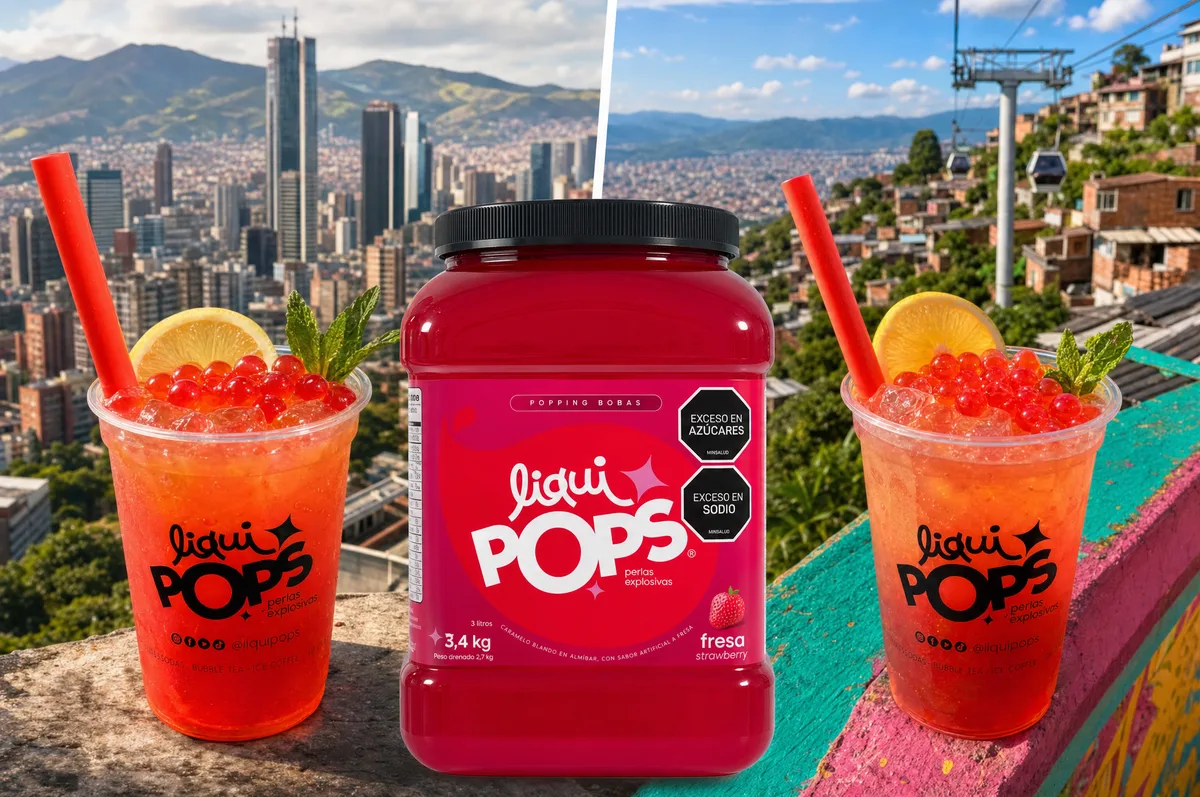 Sodas rojas con perlas explosivas LiquiPops sabor fresa con vista a Medellin y el tarro de producto