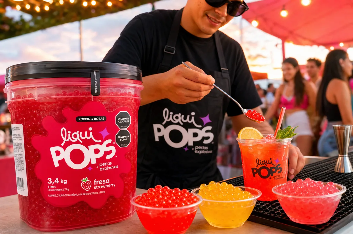 Joven sirviendo perlas explosivas LiquiPops a una soda de fresa en un evento al aire libre con cubeta de fresa y tazones de muestra