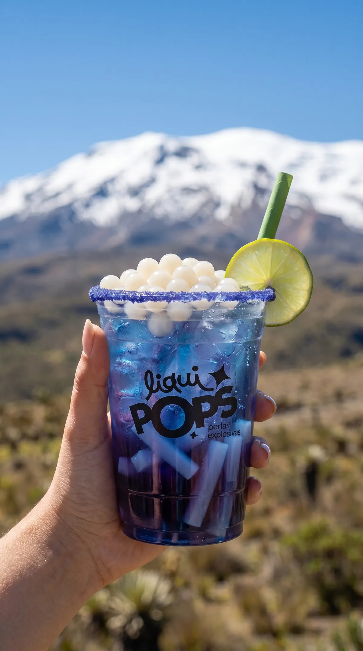 Soda loca azul morada con perlas explosivas blancas LiquiPops y escarchado, frente a una montaña nevada