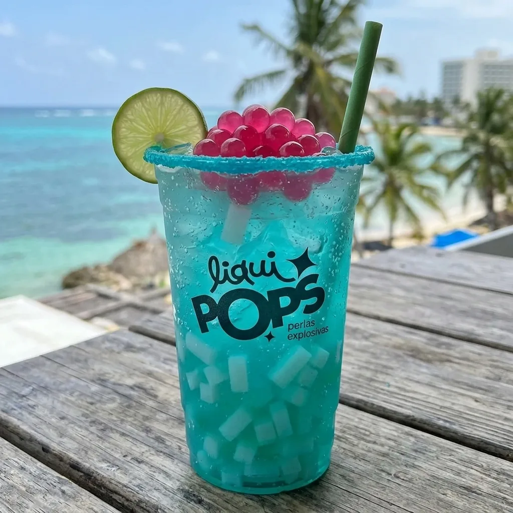 Soda loca azul con perlas explosivas de fresa y cubos de coco LiquiPops y rodaja de limon, junto al mar caribe