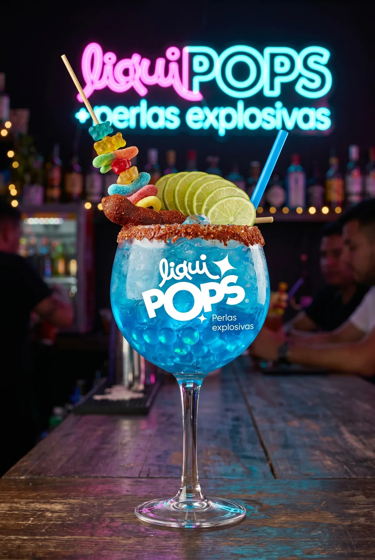 Copa de soda loca azul con perlas explosivas LiquiPops, escarcha de chamoy y gomitas — servida en una barra con neón LiquiPops