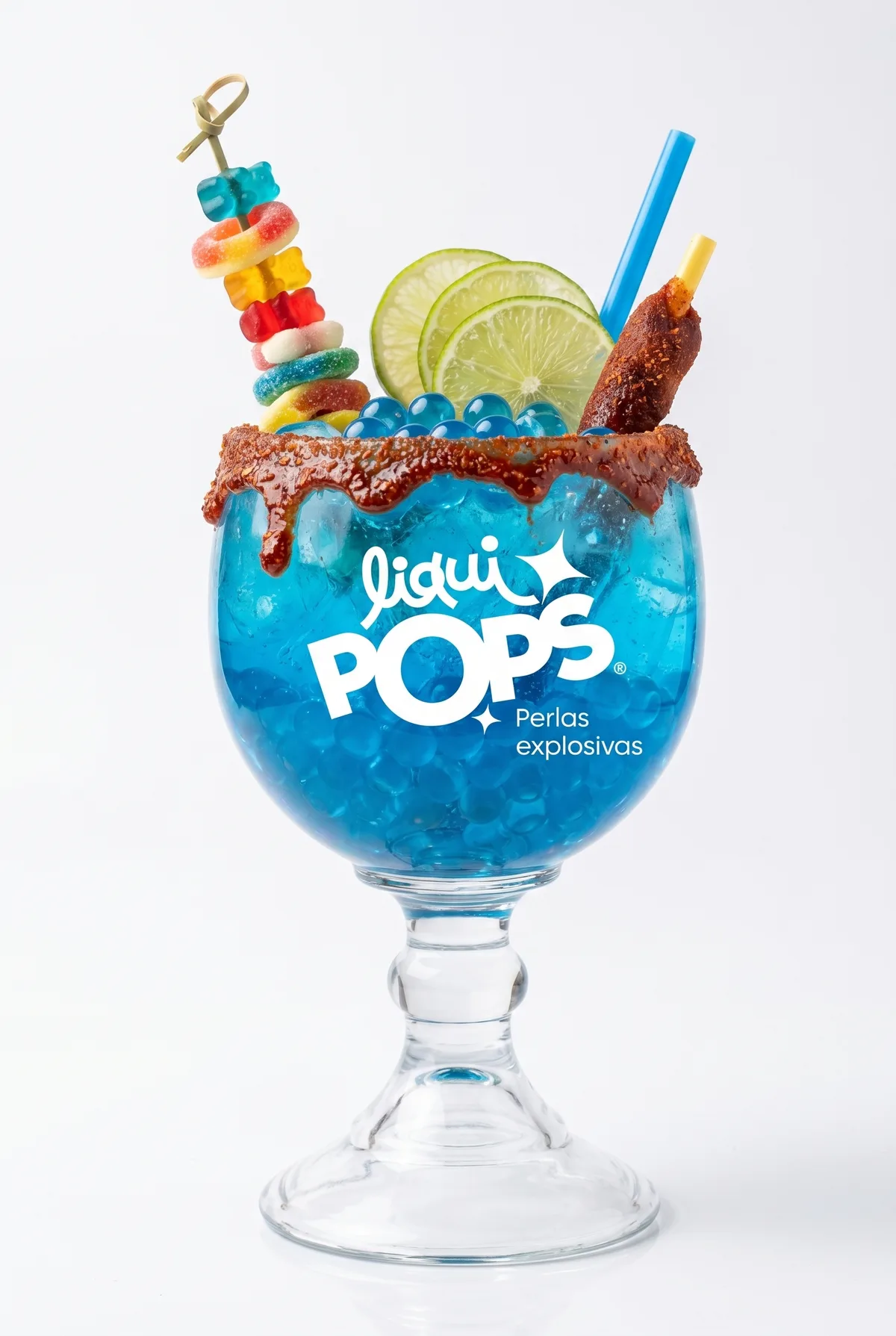 Soda loca azul con perlas explosivas LiquiPops — copa con escarcha de chamoy escurrida, limón, tamarindo y pasador de gomitas