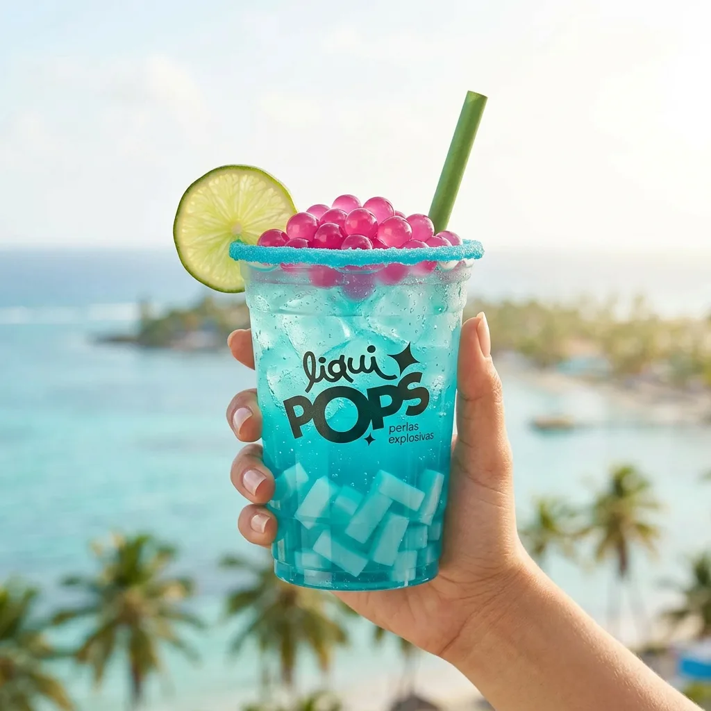 Soda loca azul tropical con perlas explosivas rosadas LiquiPops y escarchado azul, frente al mar y palmeras del Caribe