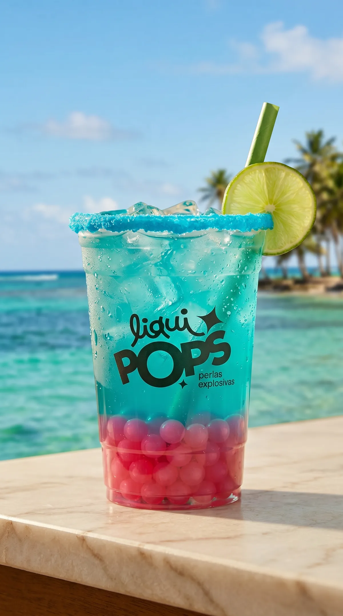 Soda loca azul con perlas explosivas rosadas LiquiPops y escarchado azul, frente a playa caribeña