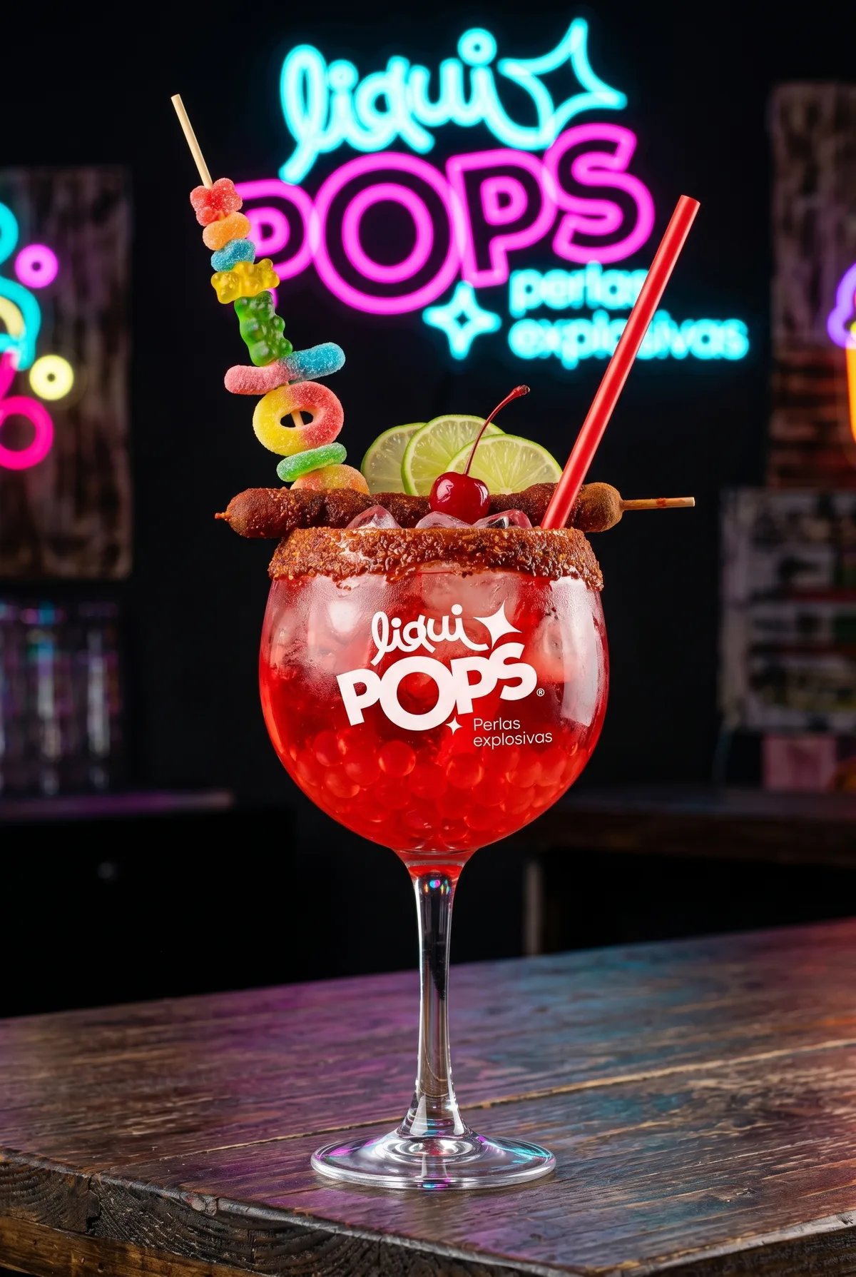 Copa de soda loca roja sabor cereza con perlas explosivas LiquiPops, escarcha de chamoy y cereza — sobre barra con neón de la marca
