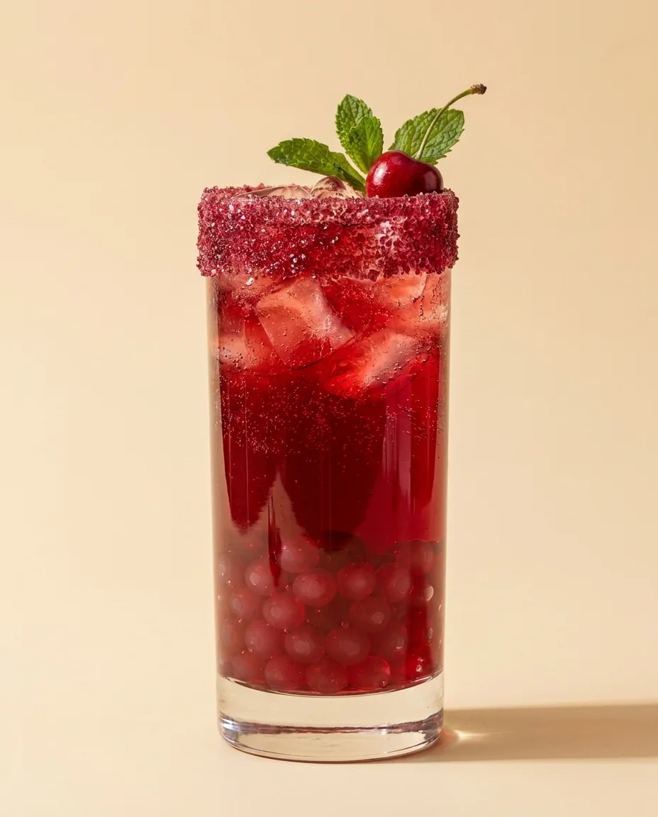 Soda de cereza con perlas explosivas rojas LiquiPops, borde escarchado rojo, cereza y hierbabuena, sobre fondo neutro