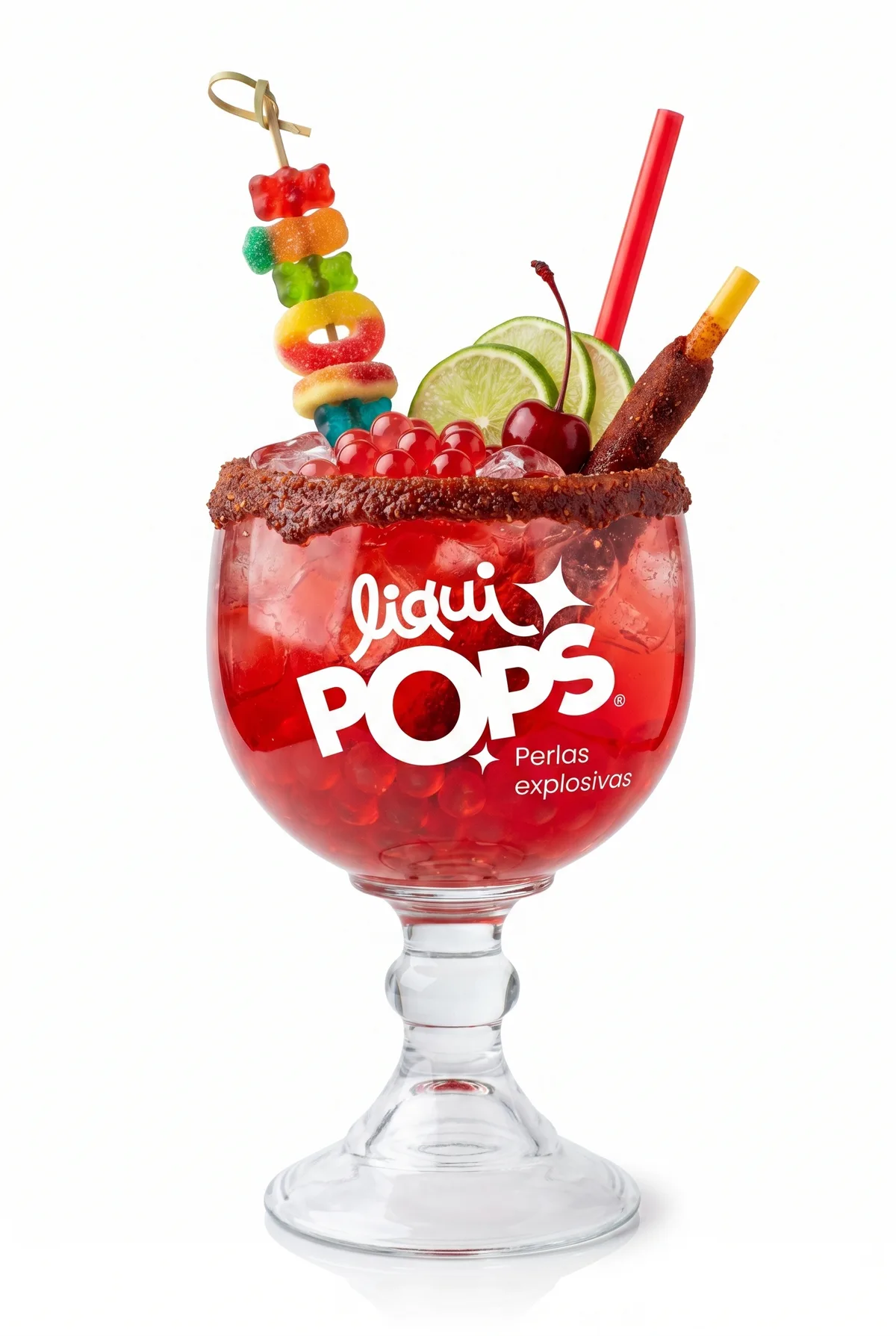 Soda loca roja de cereza con perlas explosivas LiquiPops — copa con escarcha de chamoy, cereza, limón y pasador de gomitas