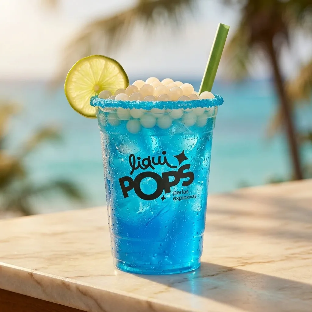 Soda loca azul con perlas explosivas de coco LiquiPops — vaso escarchado con limón frente al mar