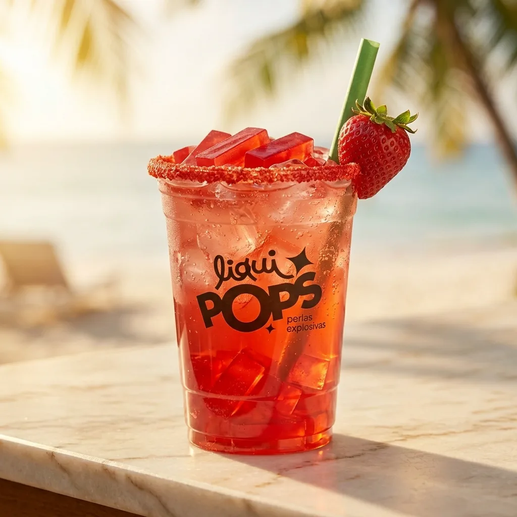 Soda loca de fresa con jellys rojos y perlas explosivas LiquiPops, escarchado rojo y fresa fresca en la playa