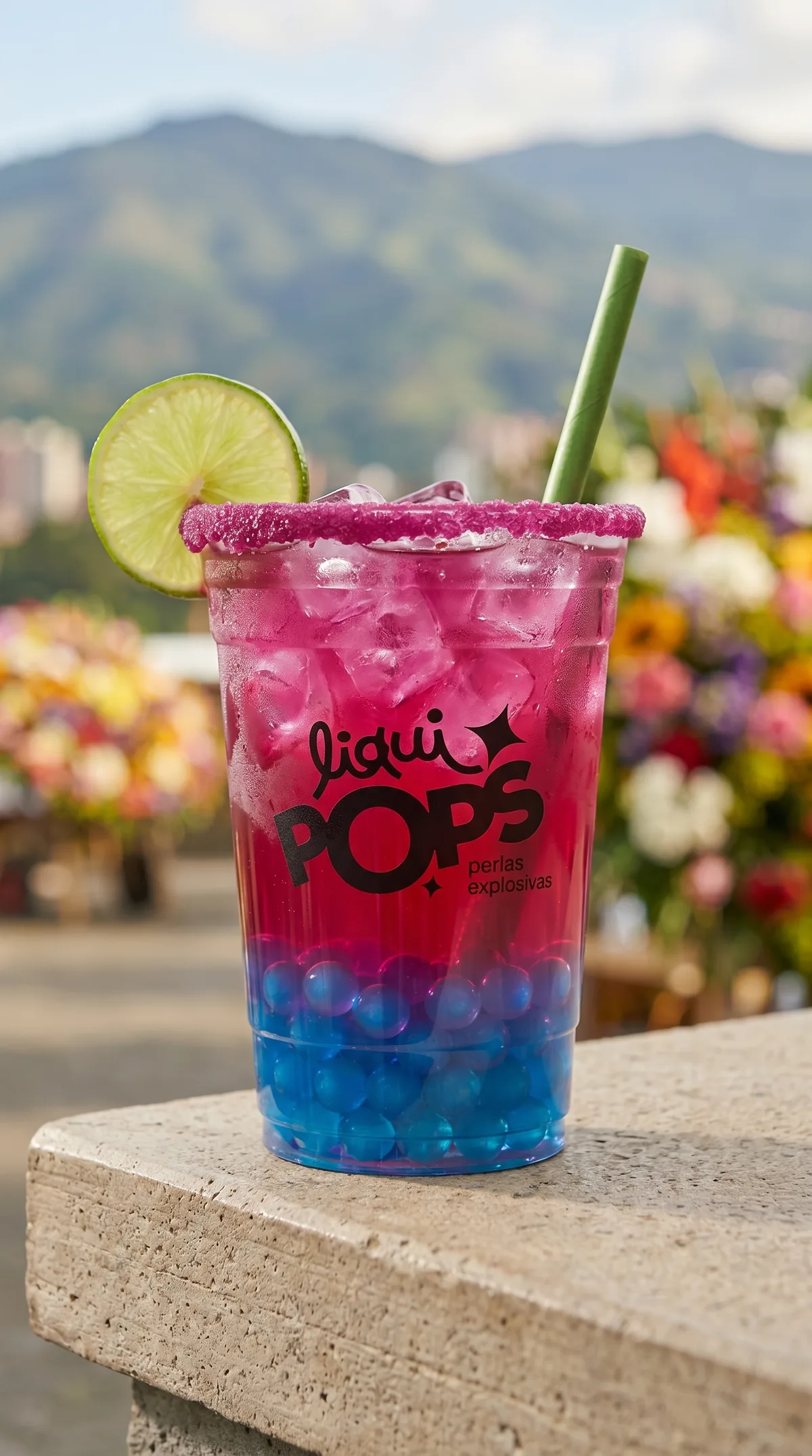Soda loca degradada fucsia y azul con perlas explosivas azules LiquiPops y borde escarchado, en vaso para llevar con paisaje de Medellín al fondo