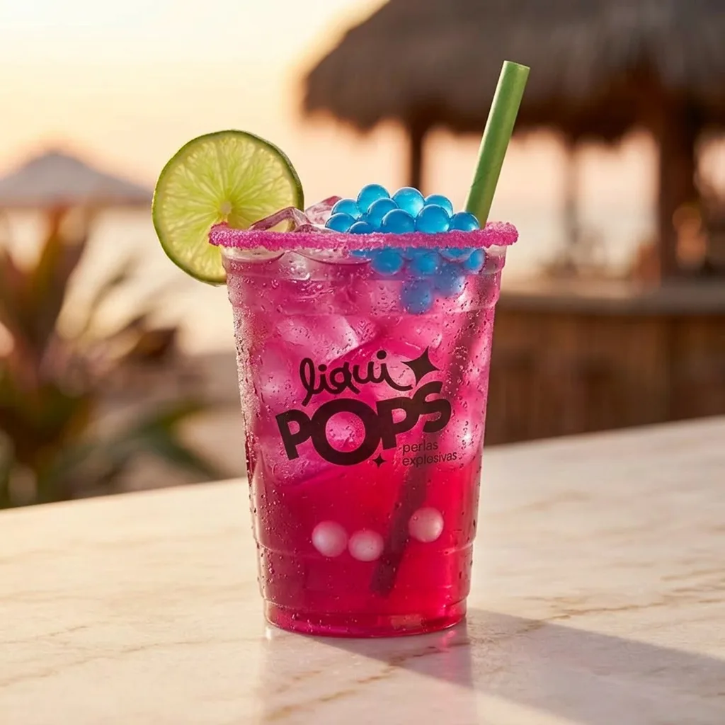 Soda loca de frutos rojos con perlas explosivas azules LiquiPops — vaso escarchado con limón en un bar de playa