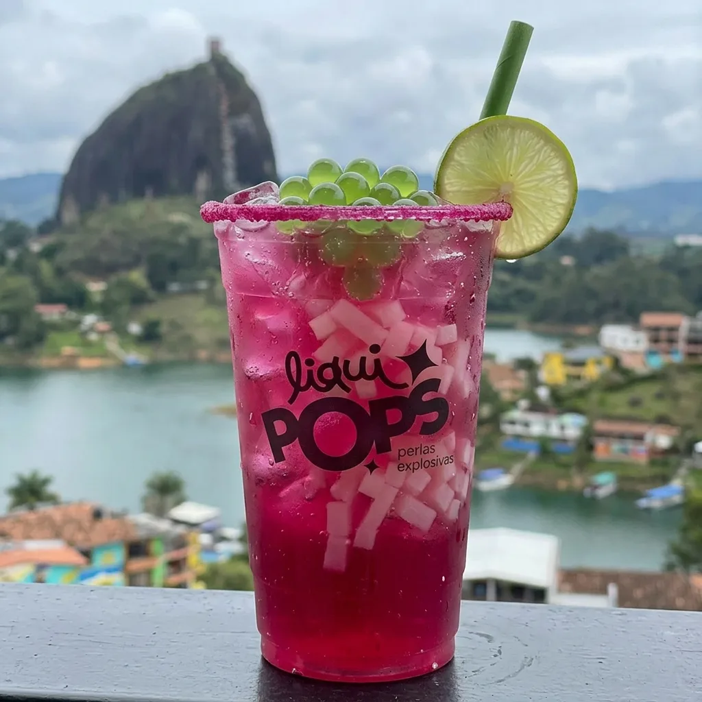Soda loca rosada con perlas explosivas verdes LiquiPops — borde de chamoy, limón y trozos de coco, Piedra del Peñol de fondo